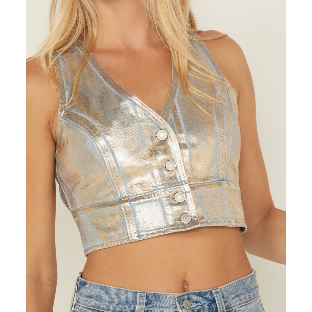 LEVI'S Mona Metallic Coated Denim Corset Vest Top Silver and Blue XL NEW NWT